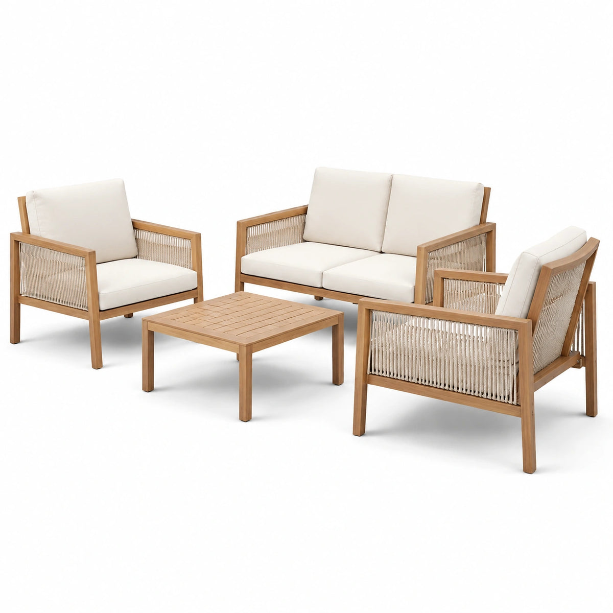 Set da giardino in legno di teak e corda con cuscini