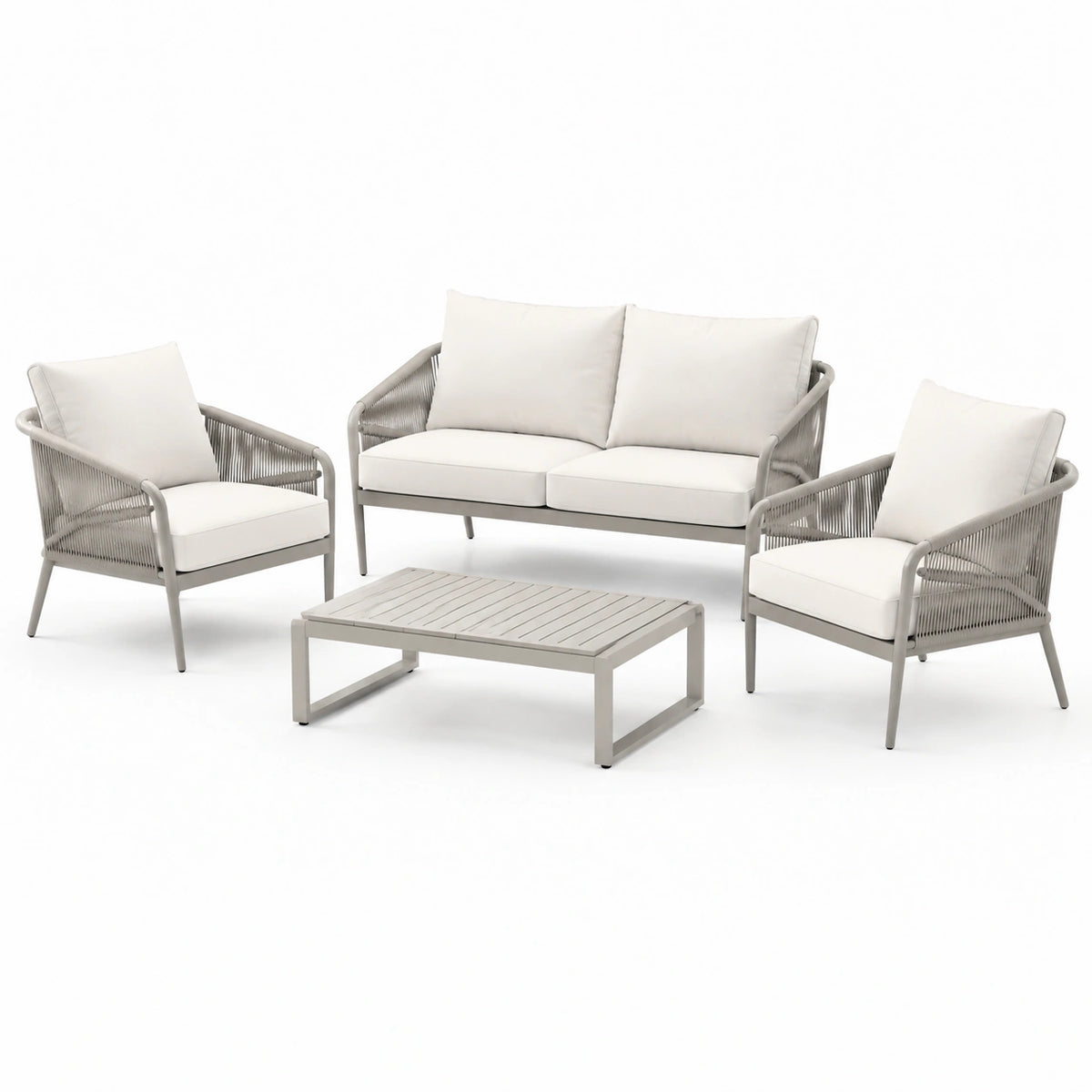 Set da Giardino in Alluminio e Corda con Divano, Poltrone e Tavolino Grigio