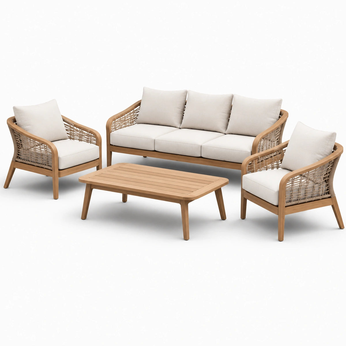 Set di mobili da giardino in legno con cuscini beige