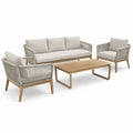 Set da esterno in legno e corda beige chiaro con divano, poltrone e tavolino