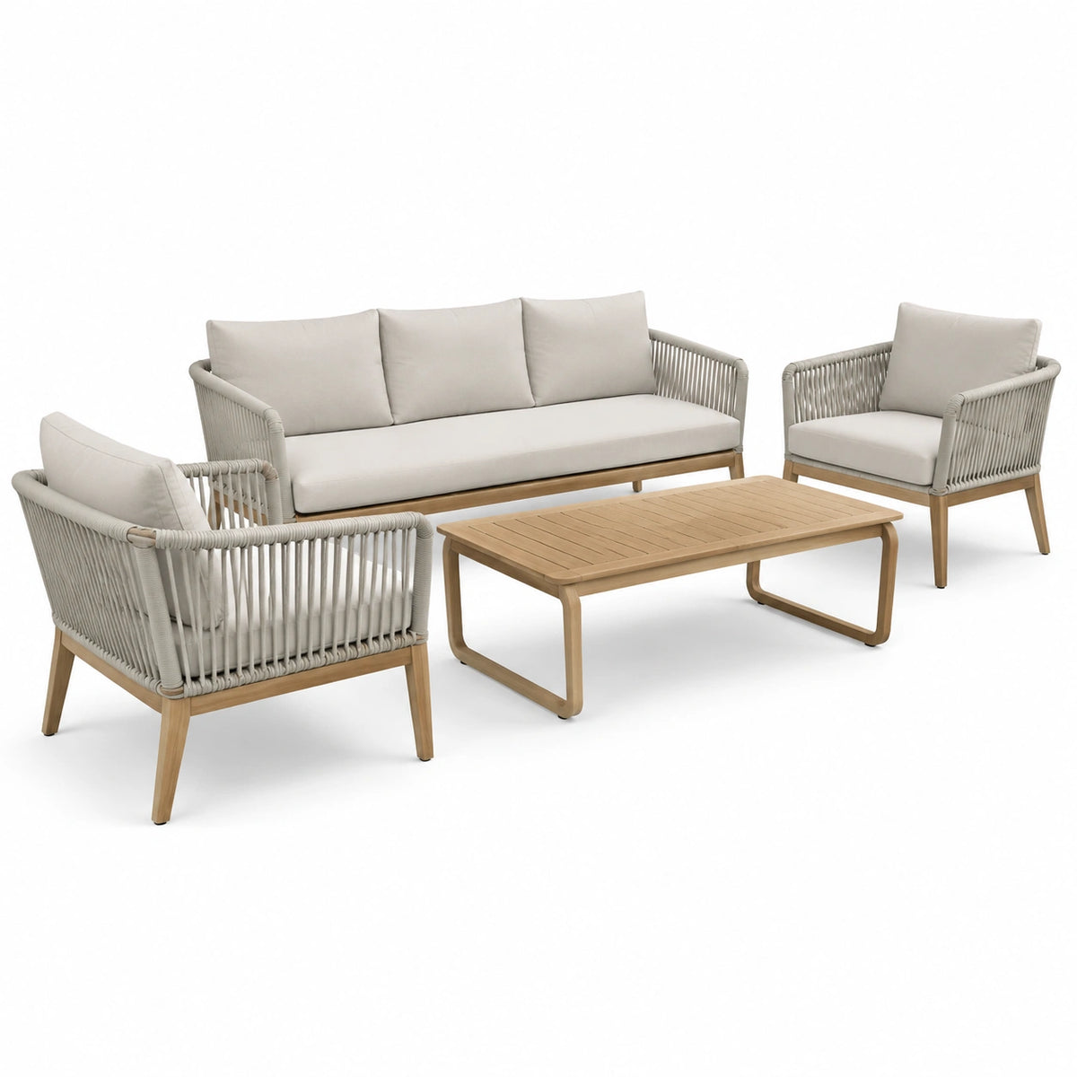 Set da esterno in legno e corda beige chiaro con divano, poltrone e tavolino