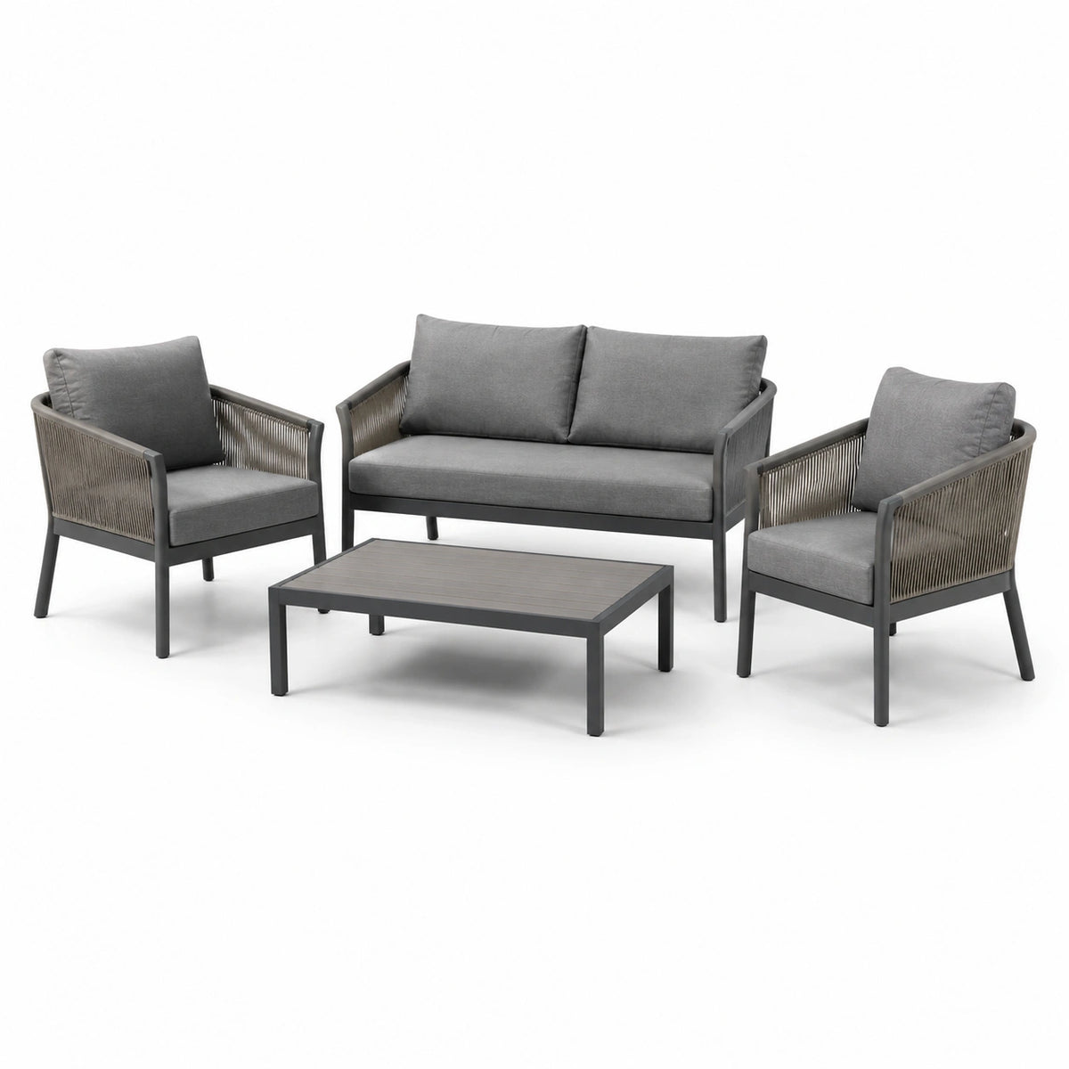 Set salotto da esterno in metallo grigio con cuscini