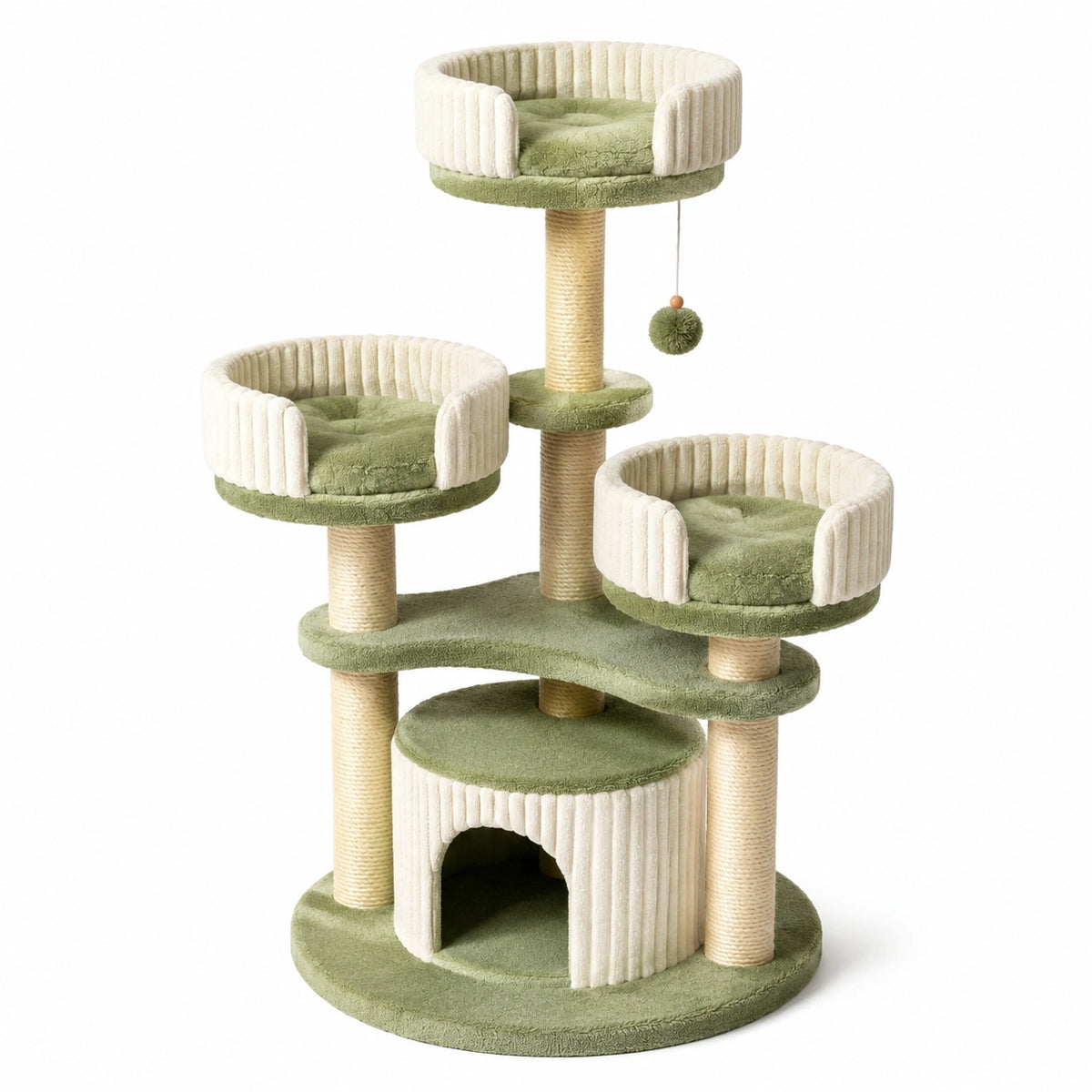 Tiragraffi per Gatti a Tre Livelli in Sisal e Tessuto Verde Beige