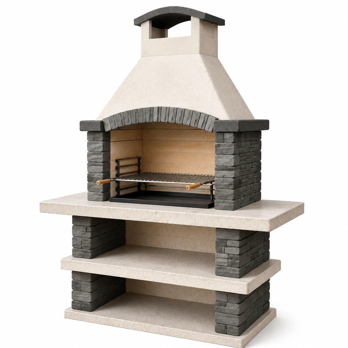 Barbecue in pietra refrattaria e cemento bianco con griglia in acciaio inox