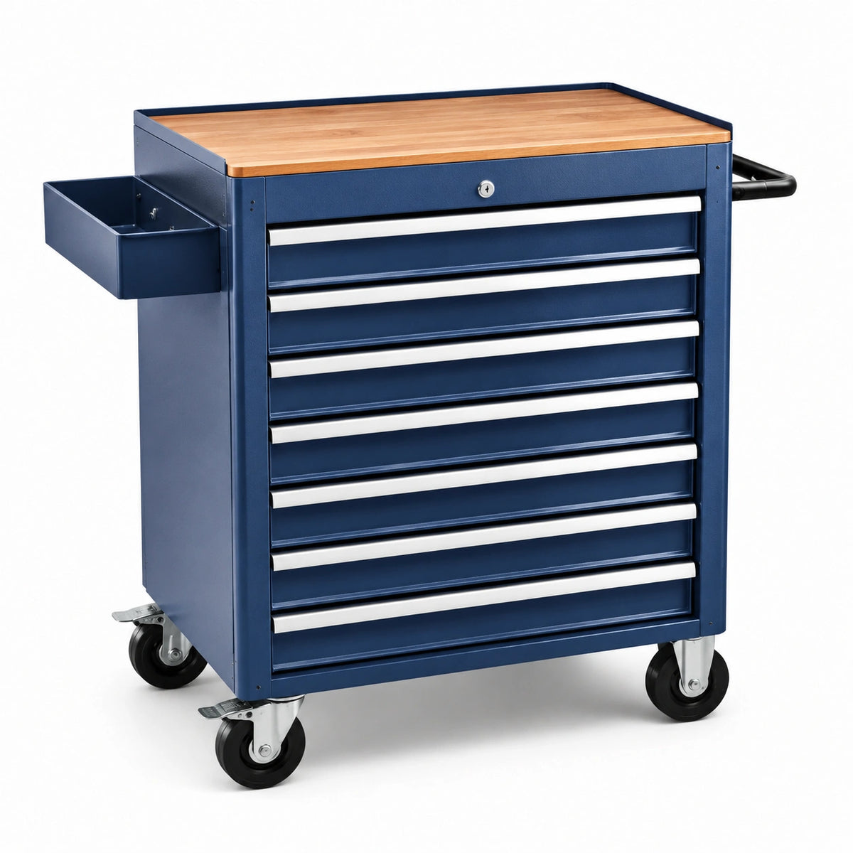 Carrello portautensili in metallo con piano in bambù 7 cassetti blu