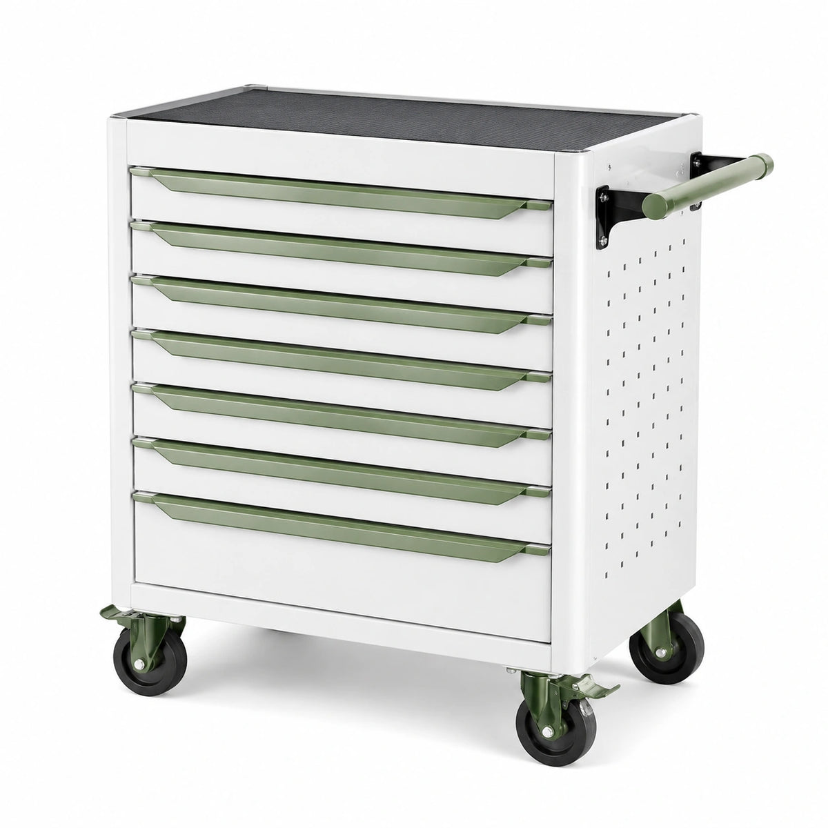 Carrello portautensili in acciaio con 7 cassetti bianchi e verdi