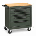 Carrello portautensili in metallo con piano in legno di faggio e 7 cassetti verde con ruote