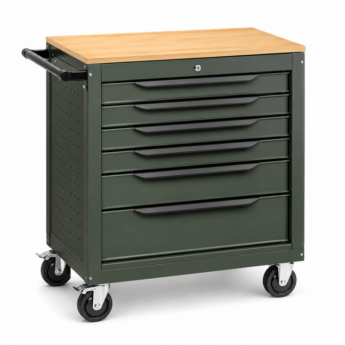 Carrello portautensili in metallo con piano in legno di faggio e 7 cassetti verde con ruote