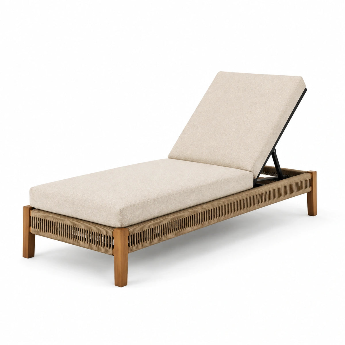 Lettino prendisole in legno teak con cuscini beige