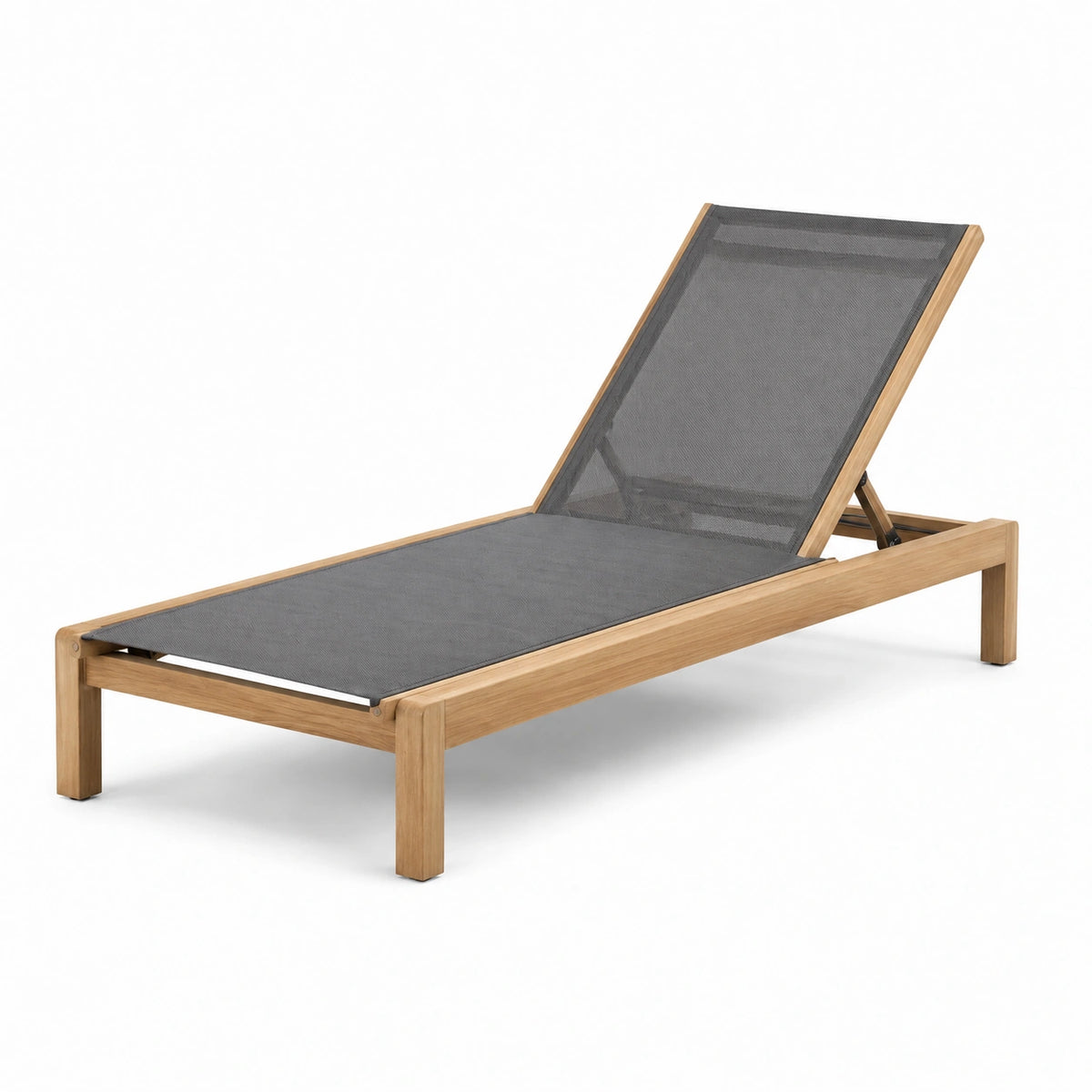 Lettino prendisole in teak e tessuto grigio
