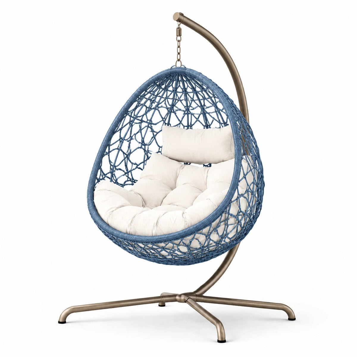 Sedia Sospesa Blu con Cuscino Bianco e Base in Metallo