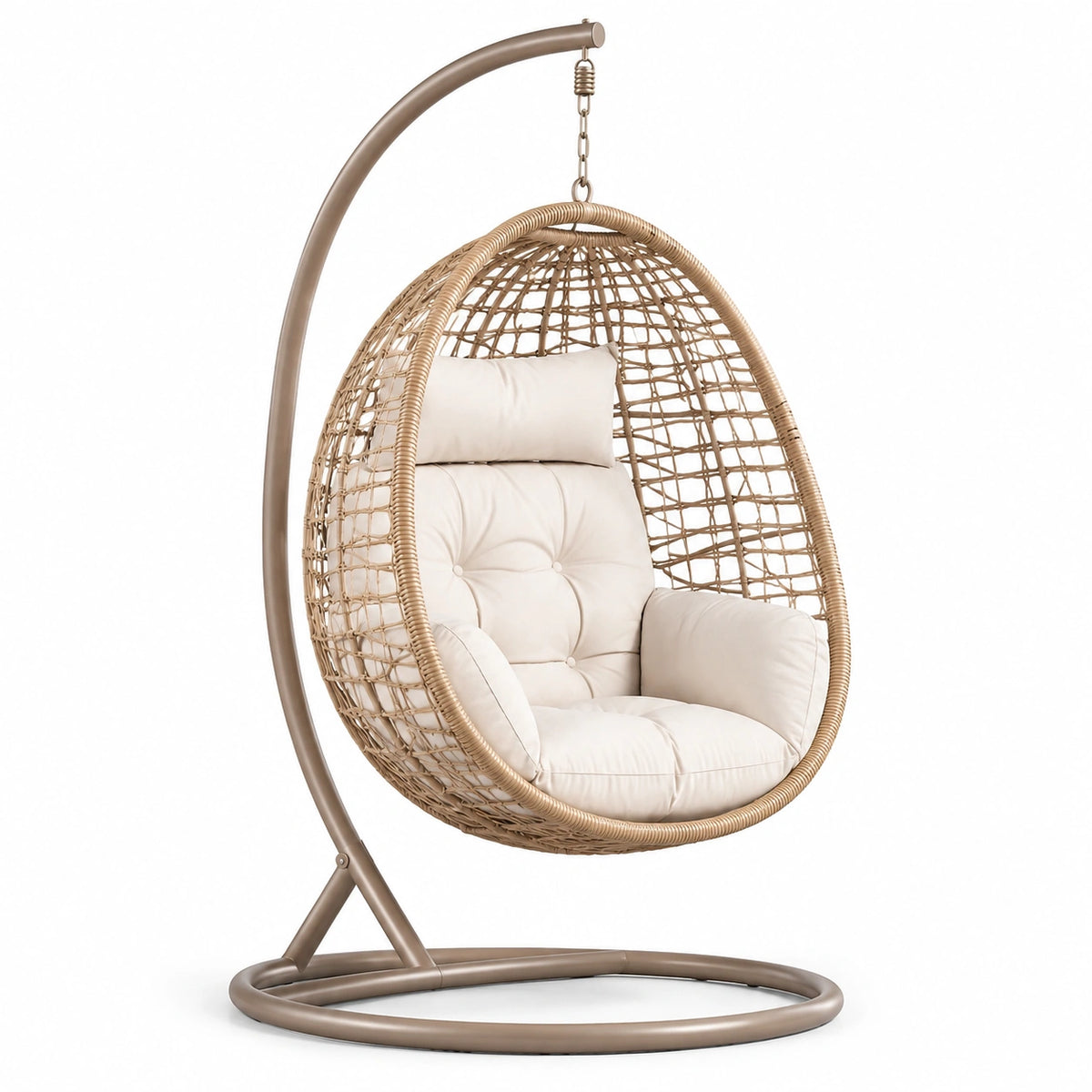 Sedia sospesa in rattan sintetico con cuscino beige