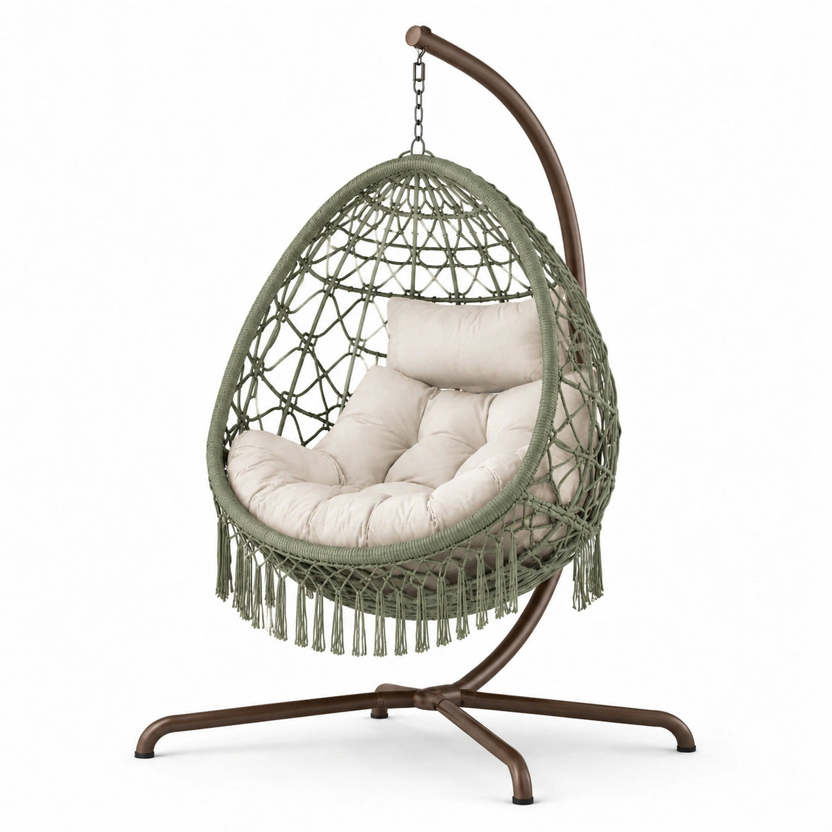 Poltrona sospesa in metallo e rattan sintetico con cuscino in poliestere, Verde Beige