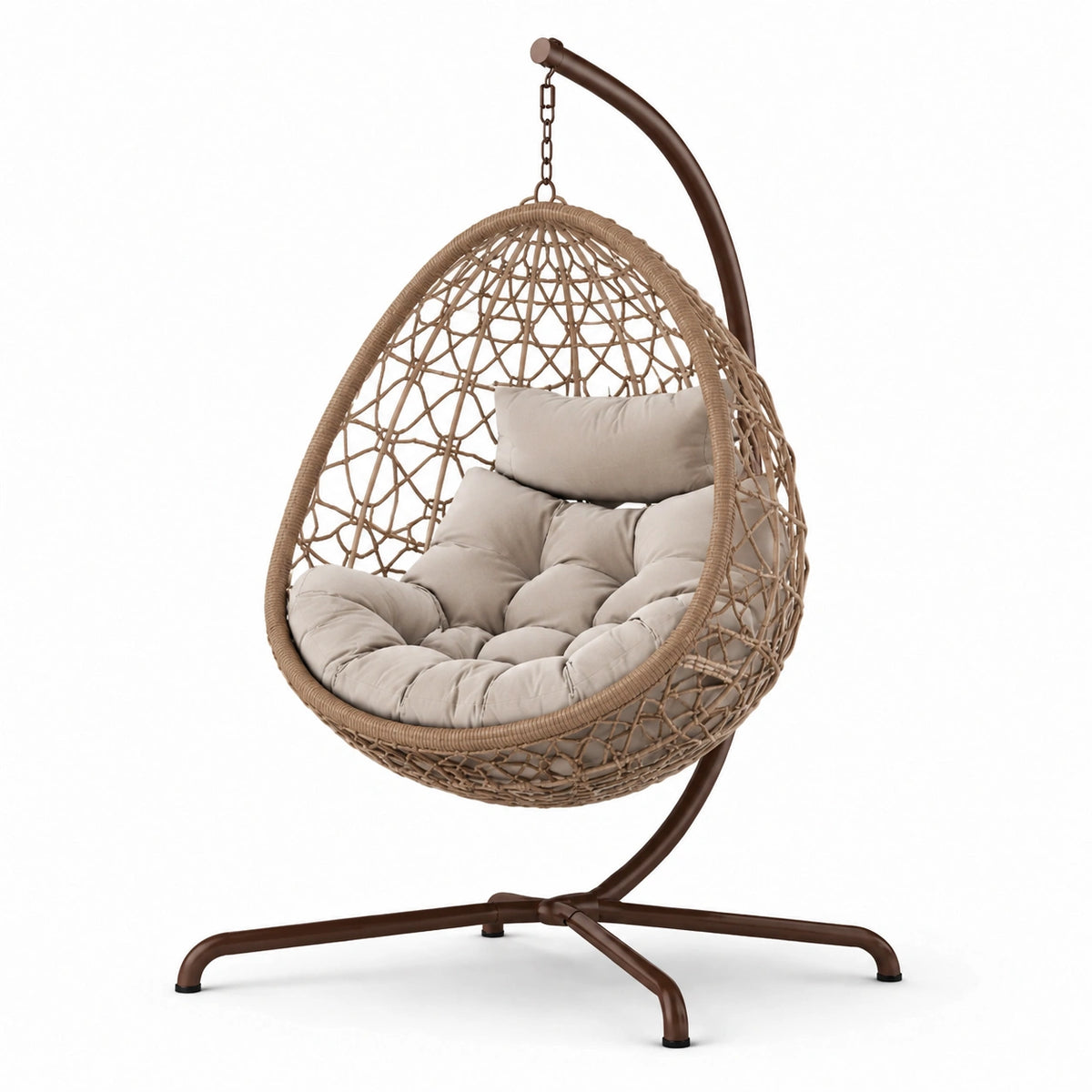 Sedia Sospesa in Rattan Sintetico e Acciaio con Cuscino in Poliestere Beige
