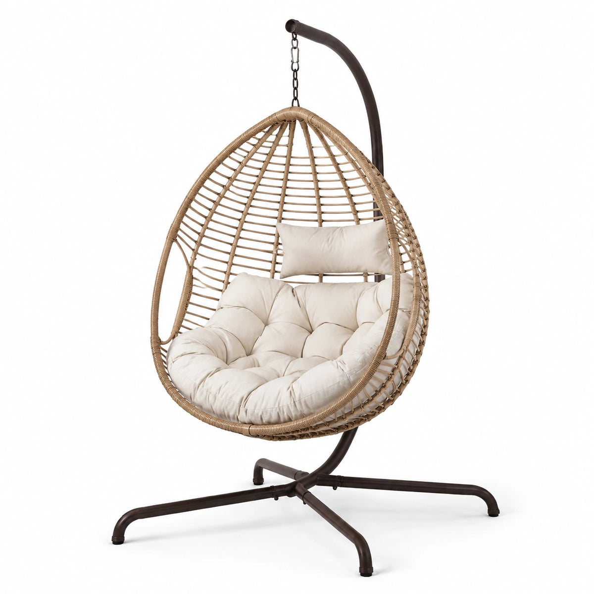 Sedia sospesa in rattan sintetico con cuscini beige
