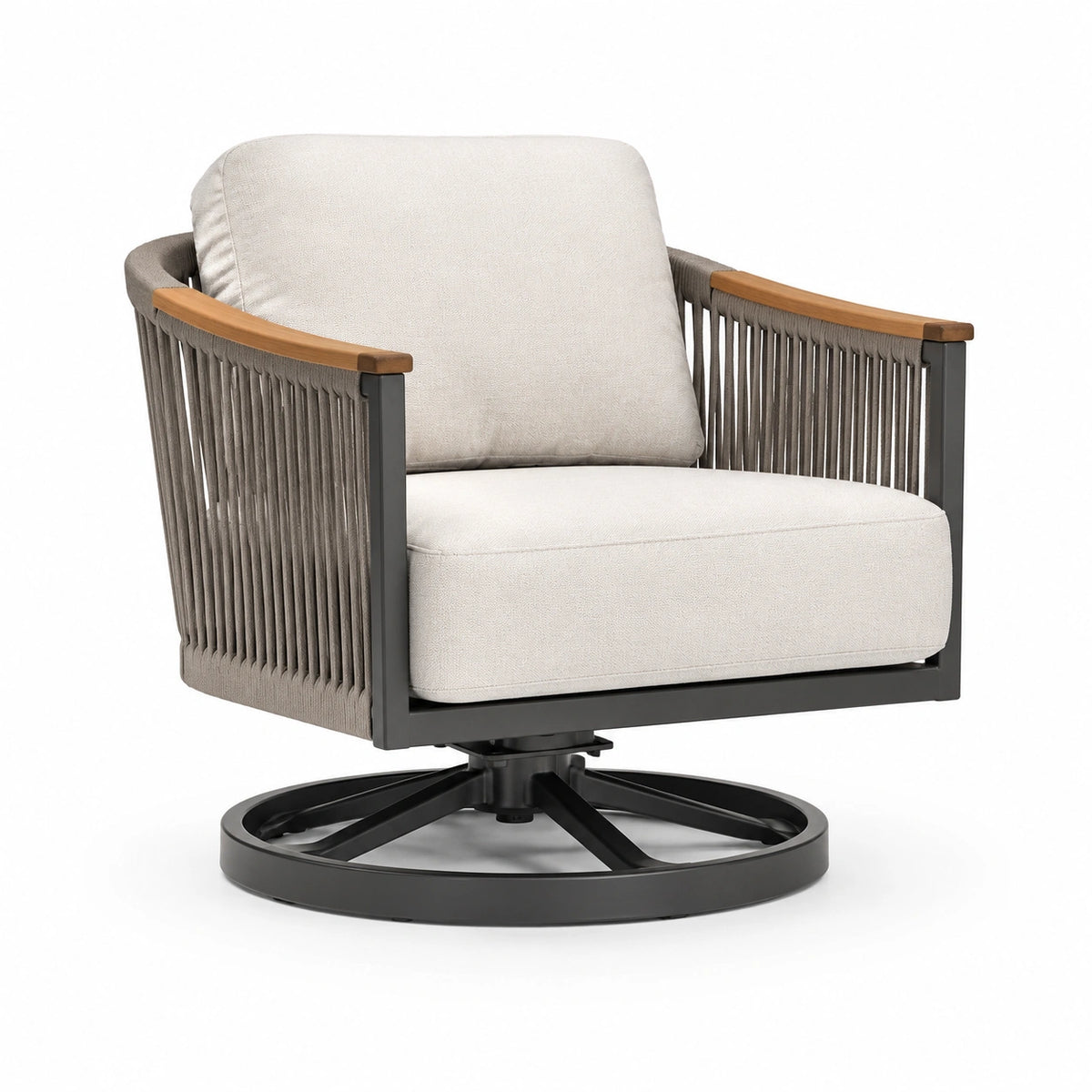 Poltrona girevole in alluminio e legno con cuscini in tessuto beige