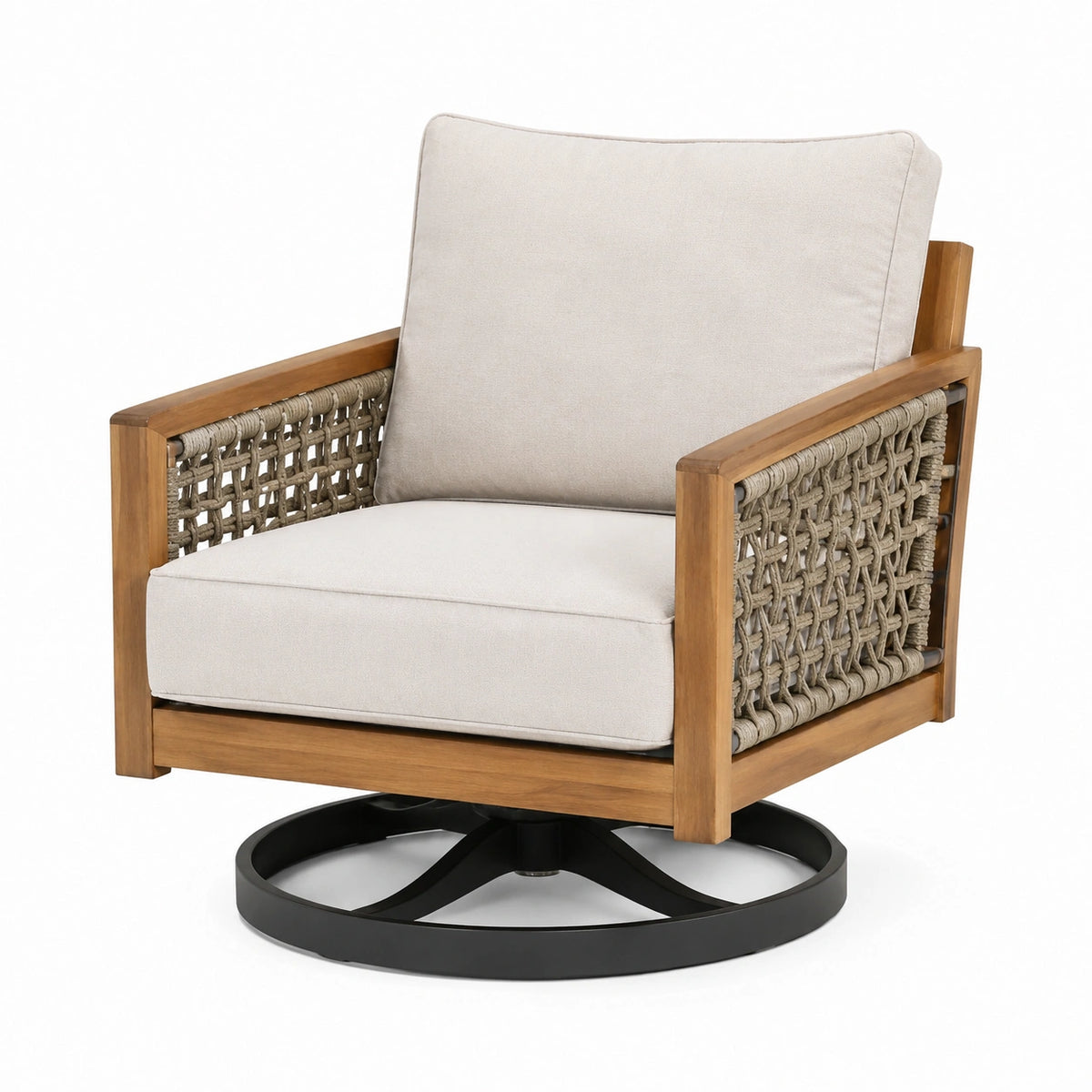 Poltrona girevole in legno e metallo con cuscini beige