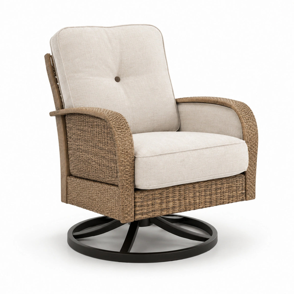 Poltrona in rattan girevole con cuscini beige