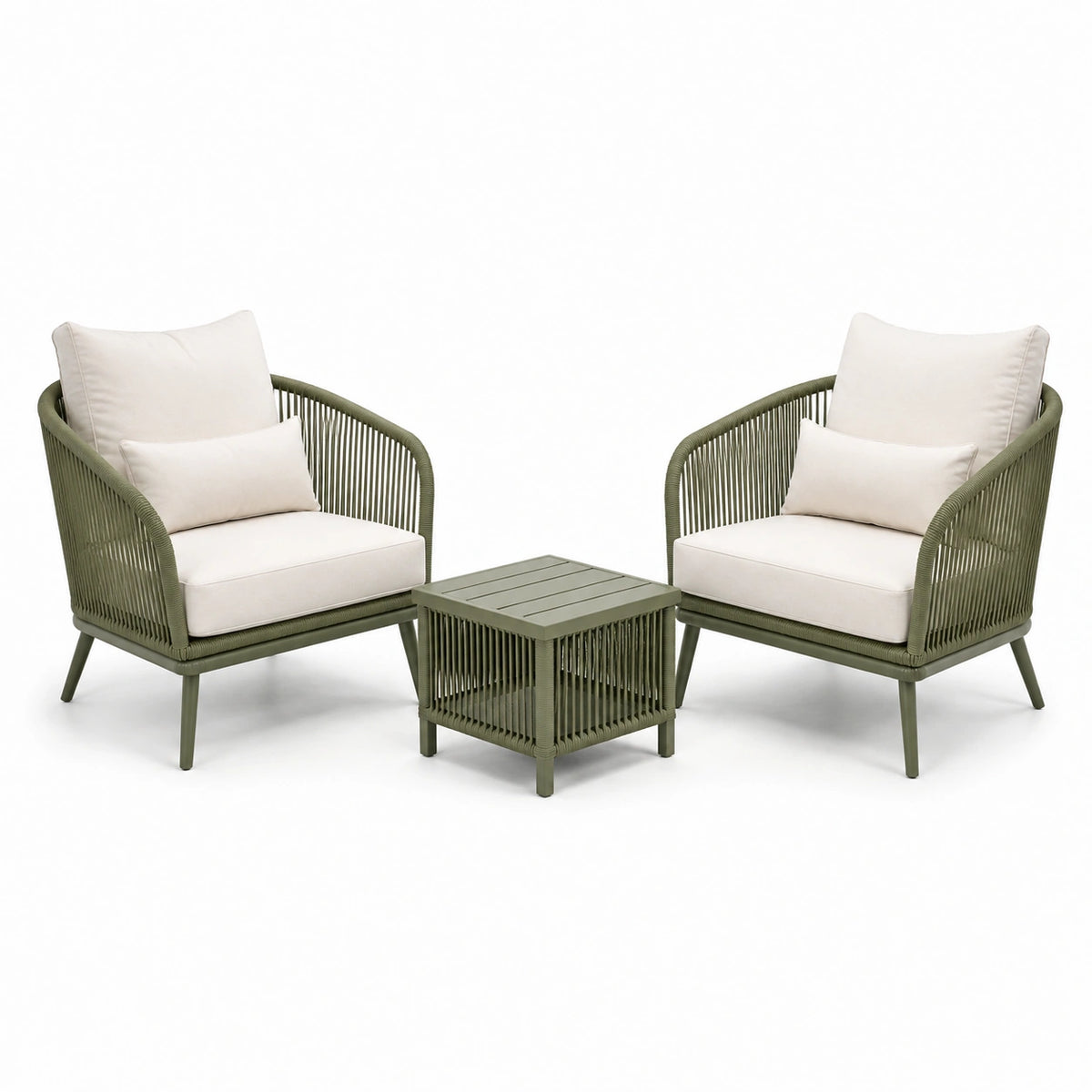 Set da giardino in metallo e corda verde con cuscini bianchi