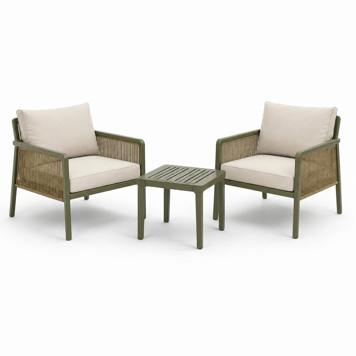 Set da giardino in alluminio, corda e poliestere verde con 2 poltrone e 1 tavolo quadrato