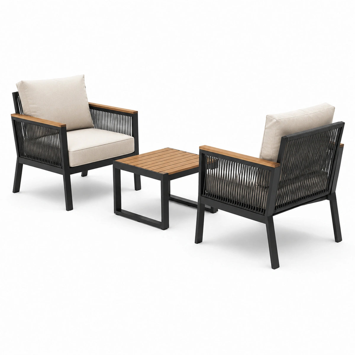 Set da giardino in alluminio e legno con cuscini beige